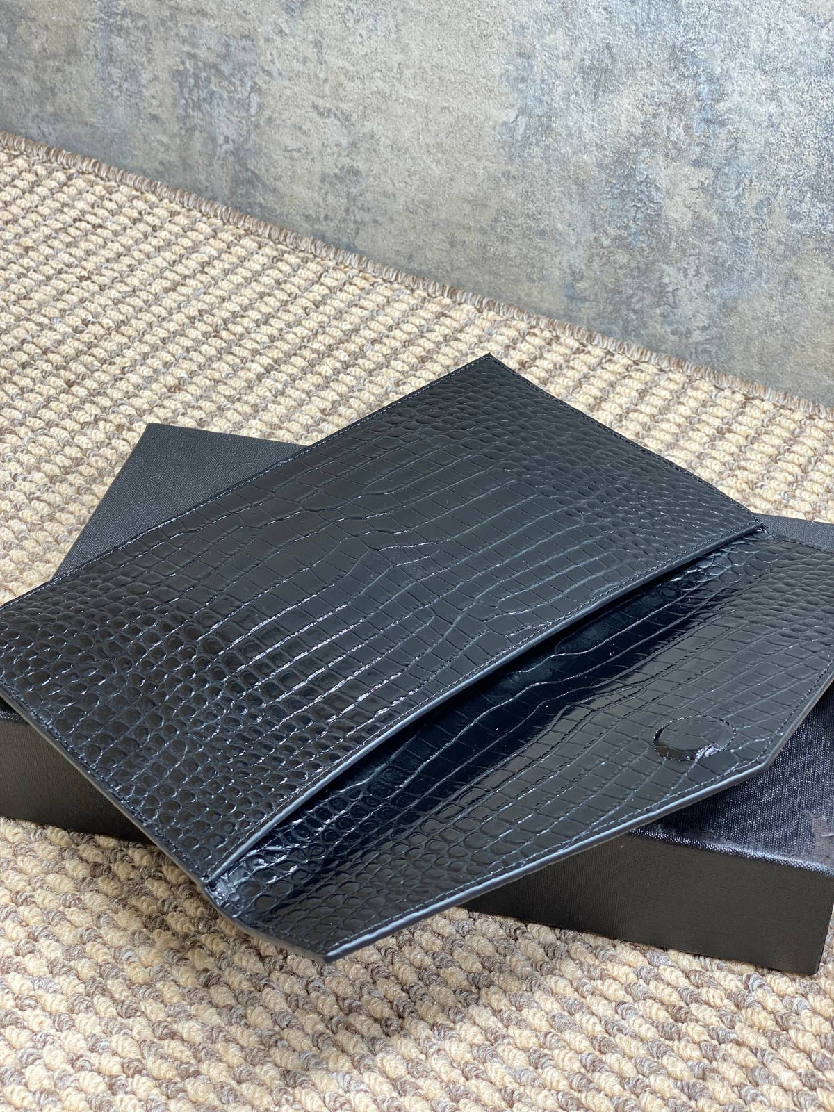 YSL 22s Uptown Pouch Clutch Bag Black Croc Embossed Leather Sliver HW