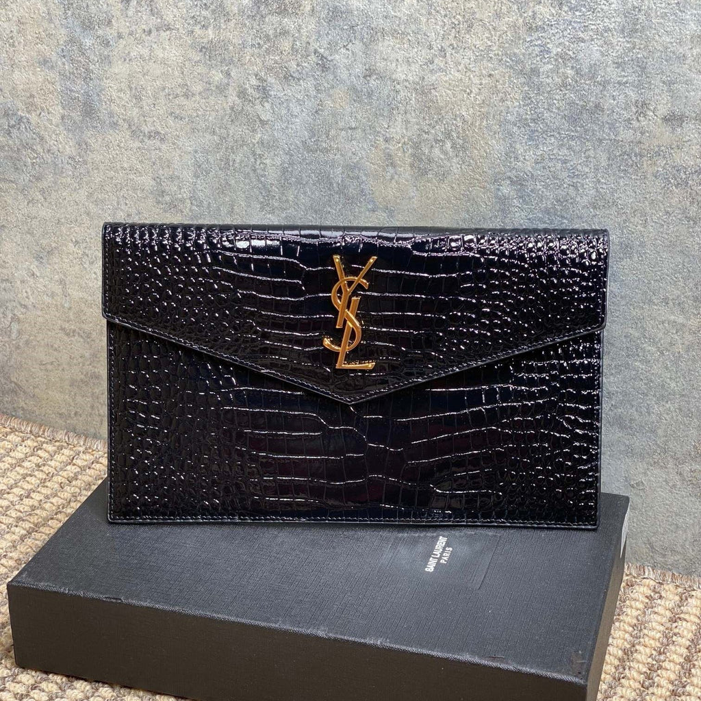 YSL 22s Uptown Pouch Clutch Bag Black Croc Embossed Leather GHW