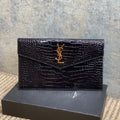 YSL 22s Uptown Pouch Clutch Bag Black Croc Embossed Leather GHW