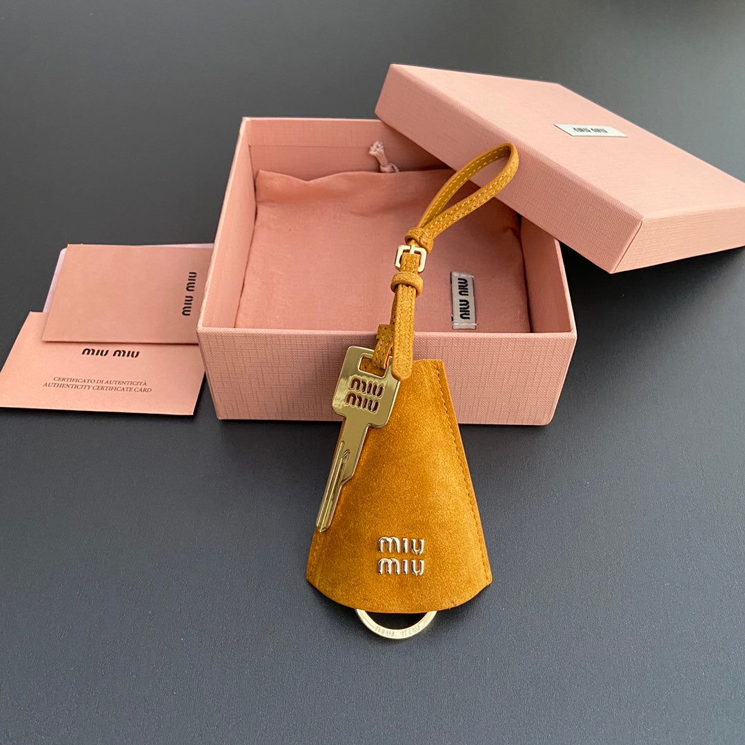 Leather Bag Charm With Key Yellow Orange Suede 240341