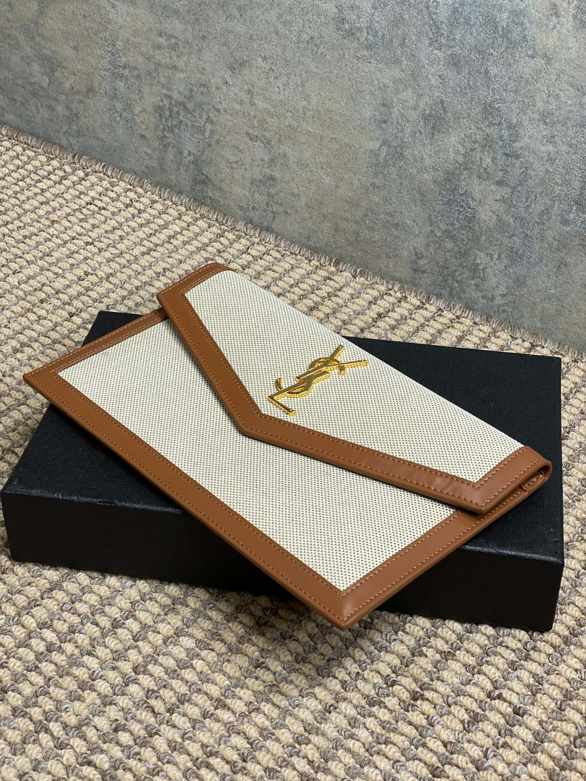 YSL 22s Uptown Pouch Clutch Bag Beige Brown Canvas GHW