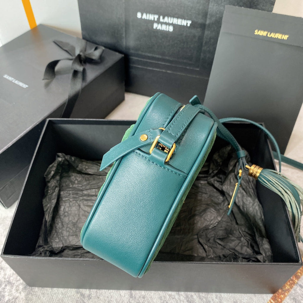 LOU CAMERA BAG 23 IN GREENISH SUEDE AND CALFSKIN TRIM