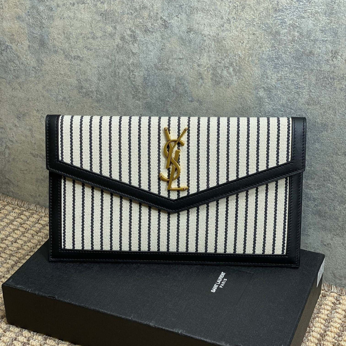 YSL 22s Uptown Pouch Clutch Bag Black White Canvas GHW
