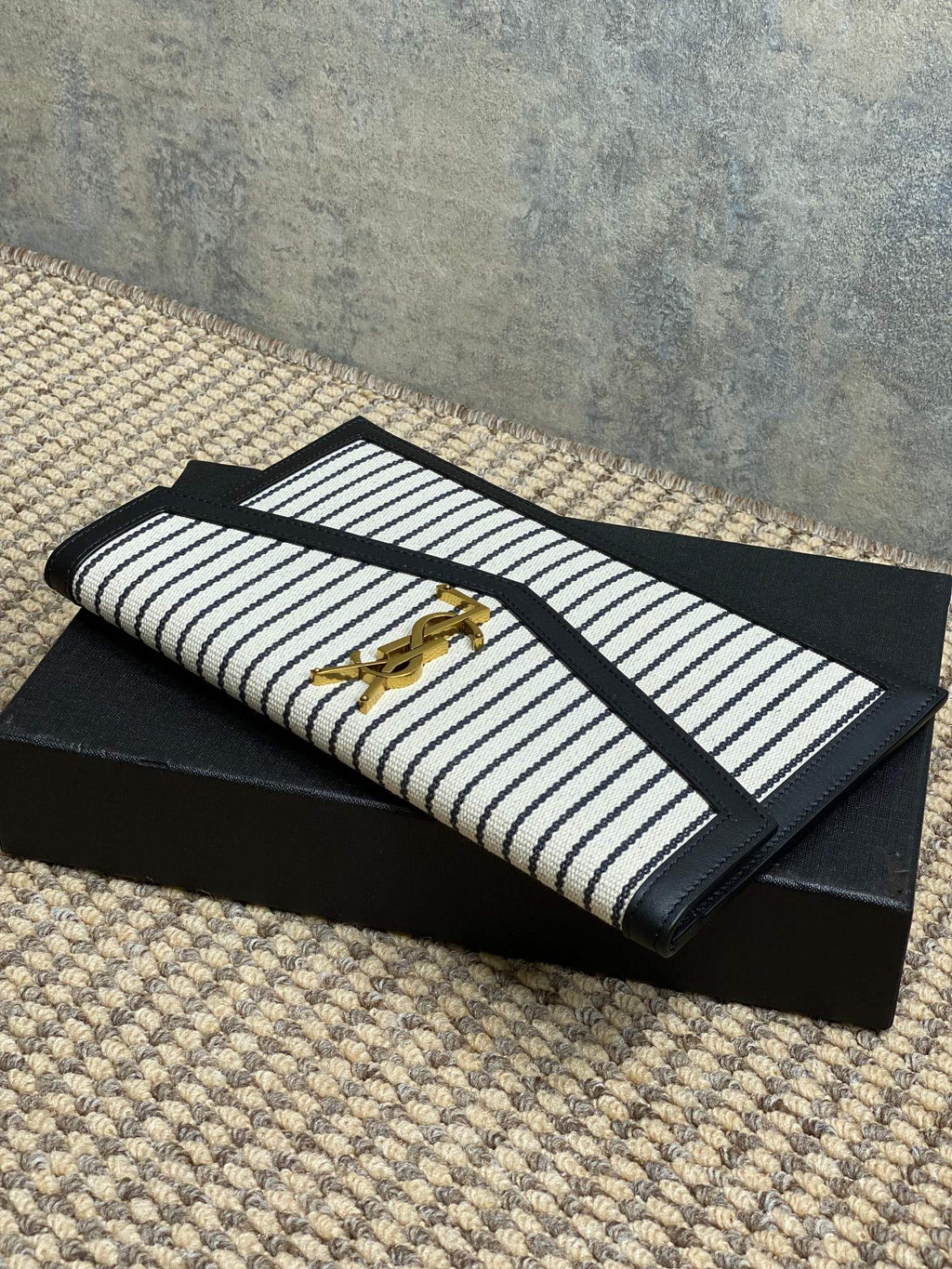YSL 22s Uptown Pouch Clutch Bag Black White Canvas GHW