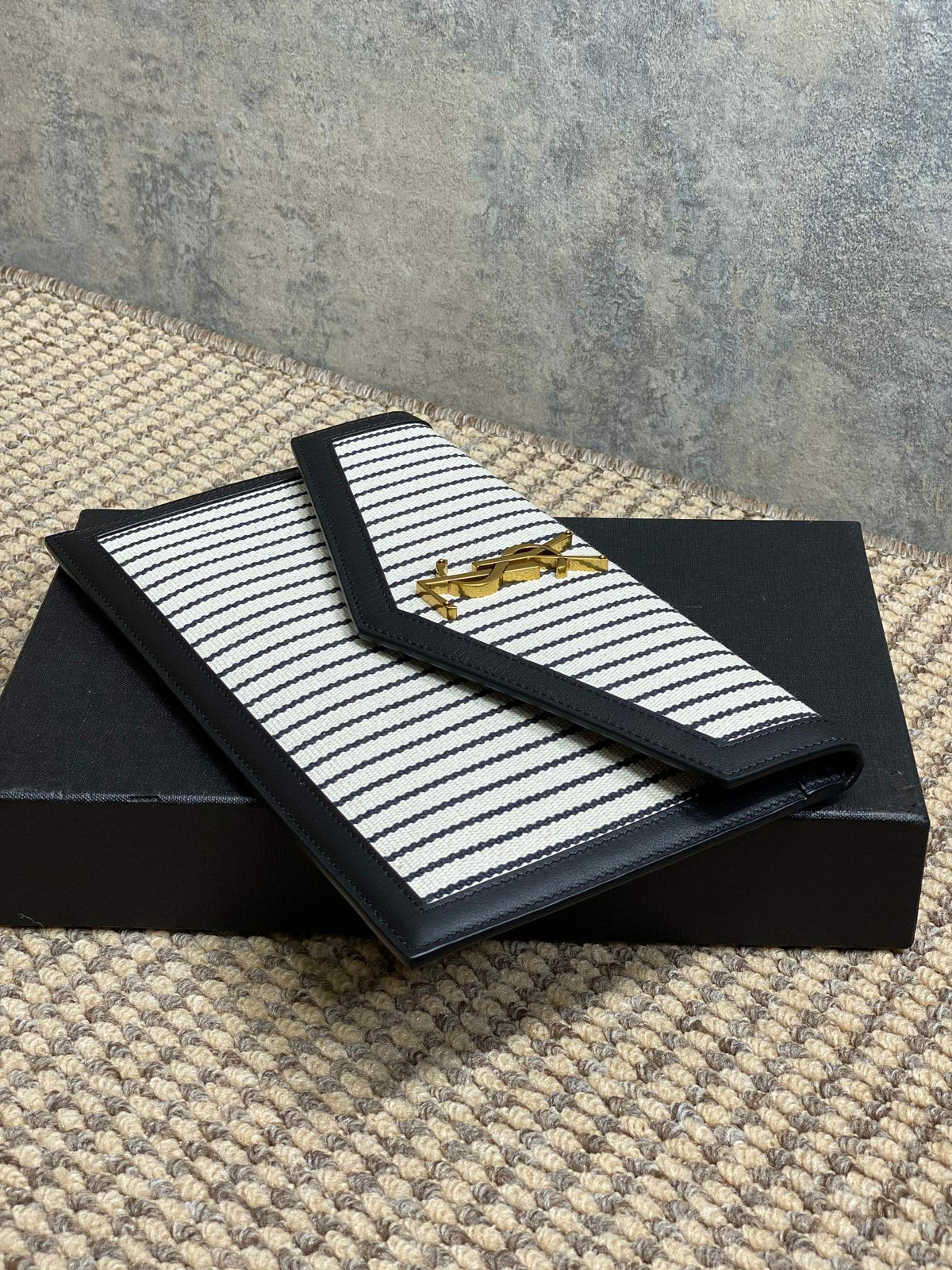 YSL 22s Uptown Pouch Clutch Bag Black White Canvas GHW