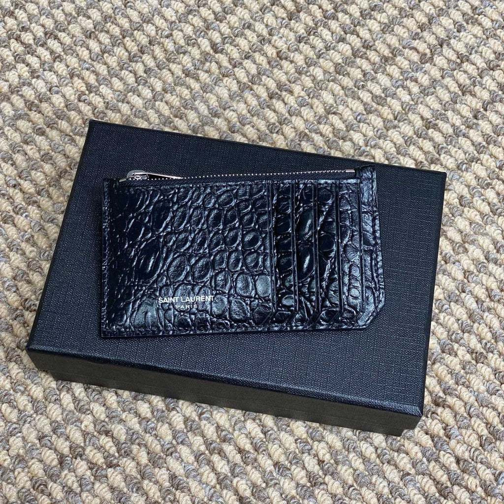 YSL Zip Card Case Black Croc Embossed Leather