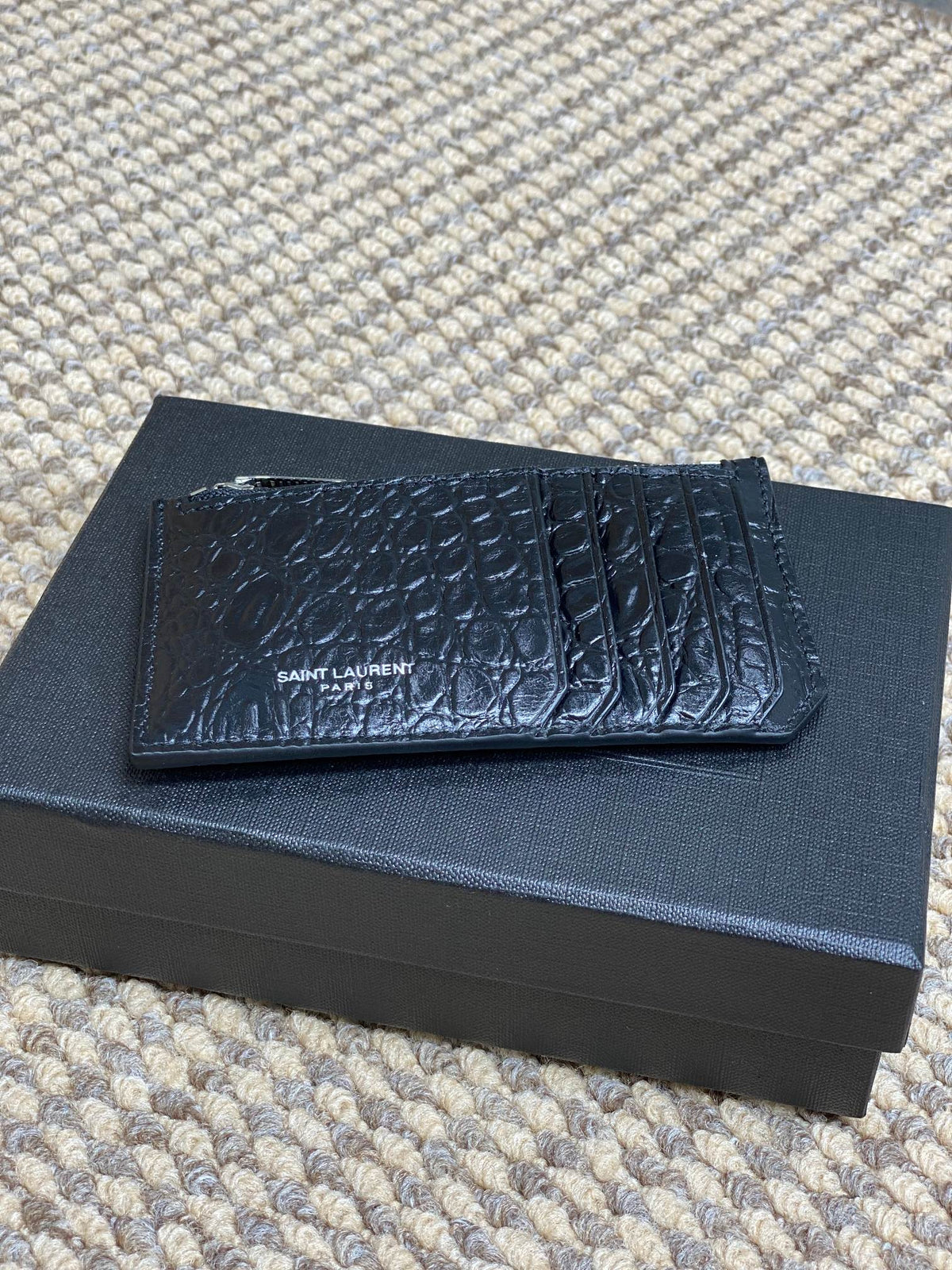 YSL Zip Card Case Black Croc Embossed Leather