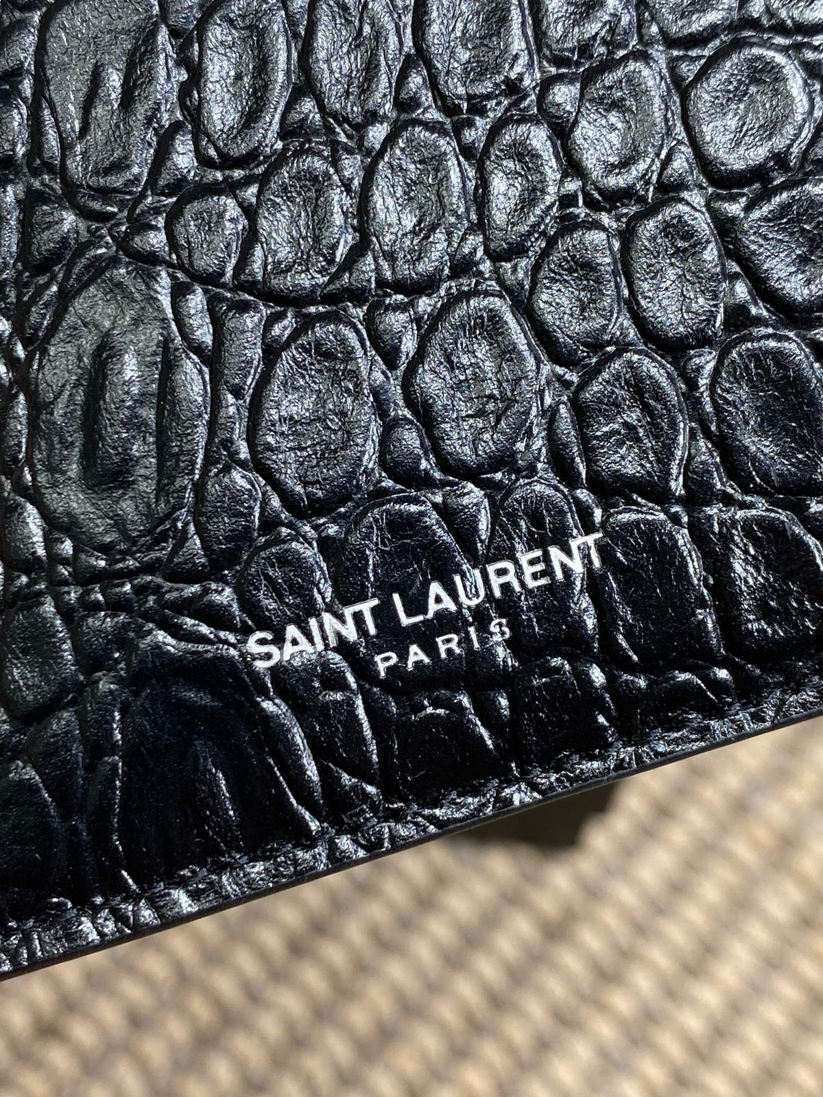 YSL Zip Card Case Black Croc Embossed Leather