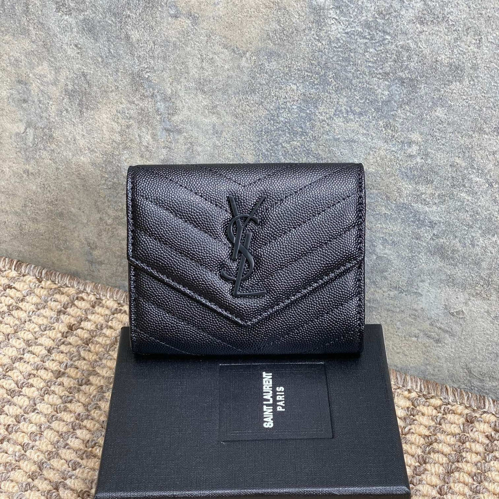 YSL Compact Flap Cassendre Wallet 10cm Full Black Leather