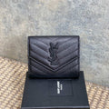 YSL Compact Flap Cassendre Wallet 10cm Full Black Leather