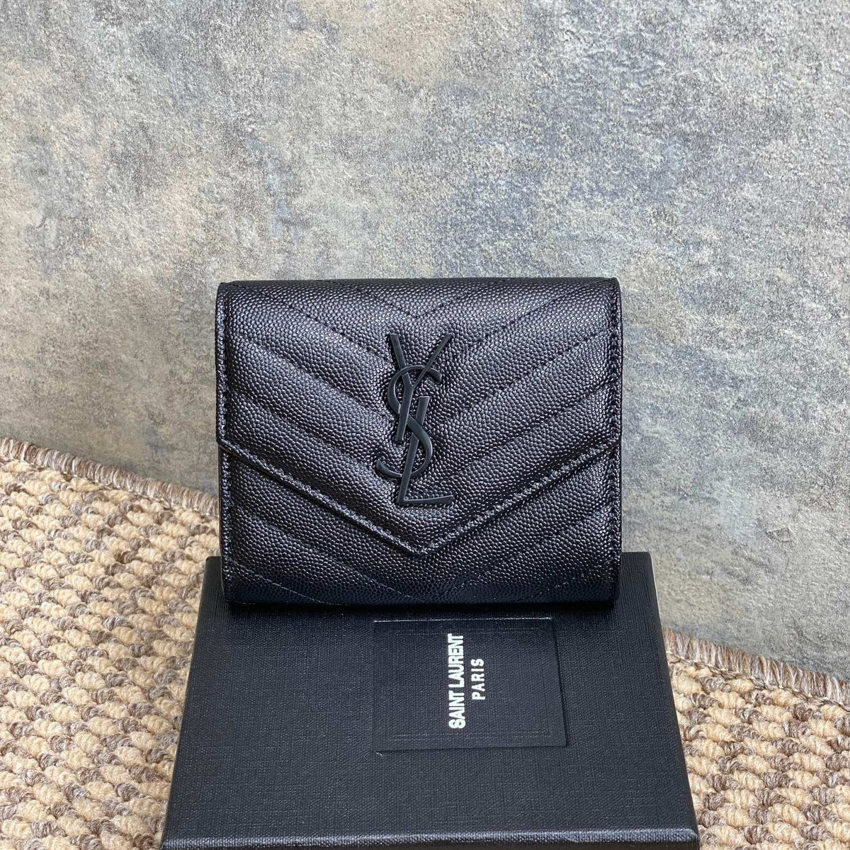 YSL Compact Flap Cassendre Wallet 10cm Full Black Leather
