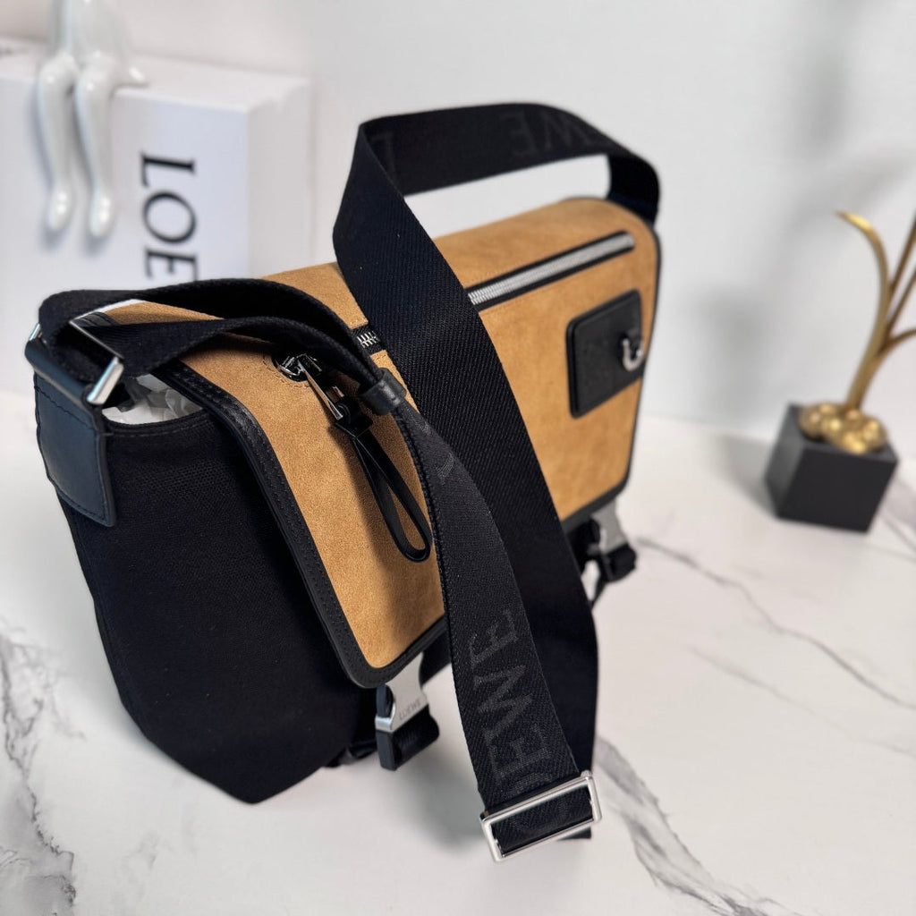 Medium Flex Messenger Black Canvas Brown Suede