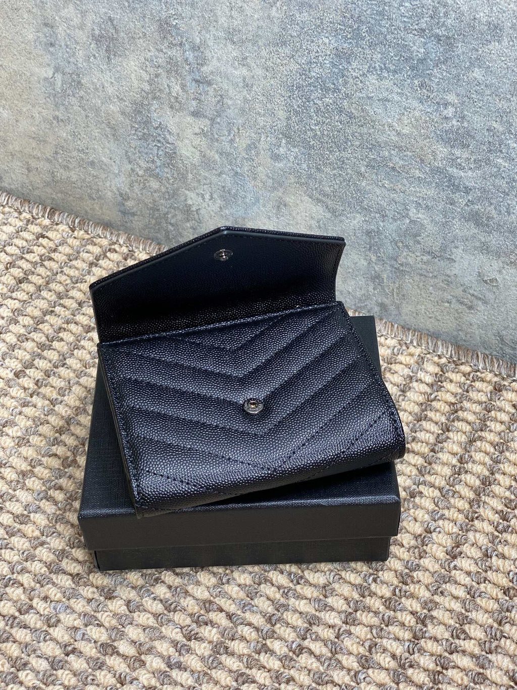 YSL Compact Flap Cassendre Wallet 10cm Full Black Leather