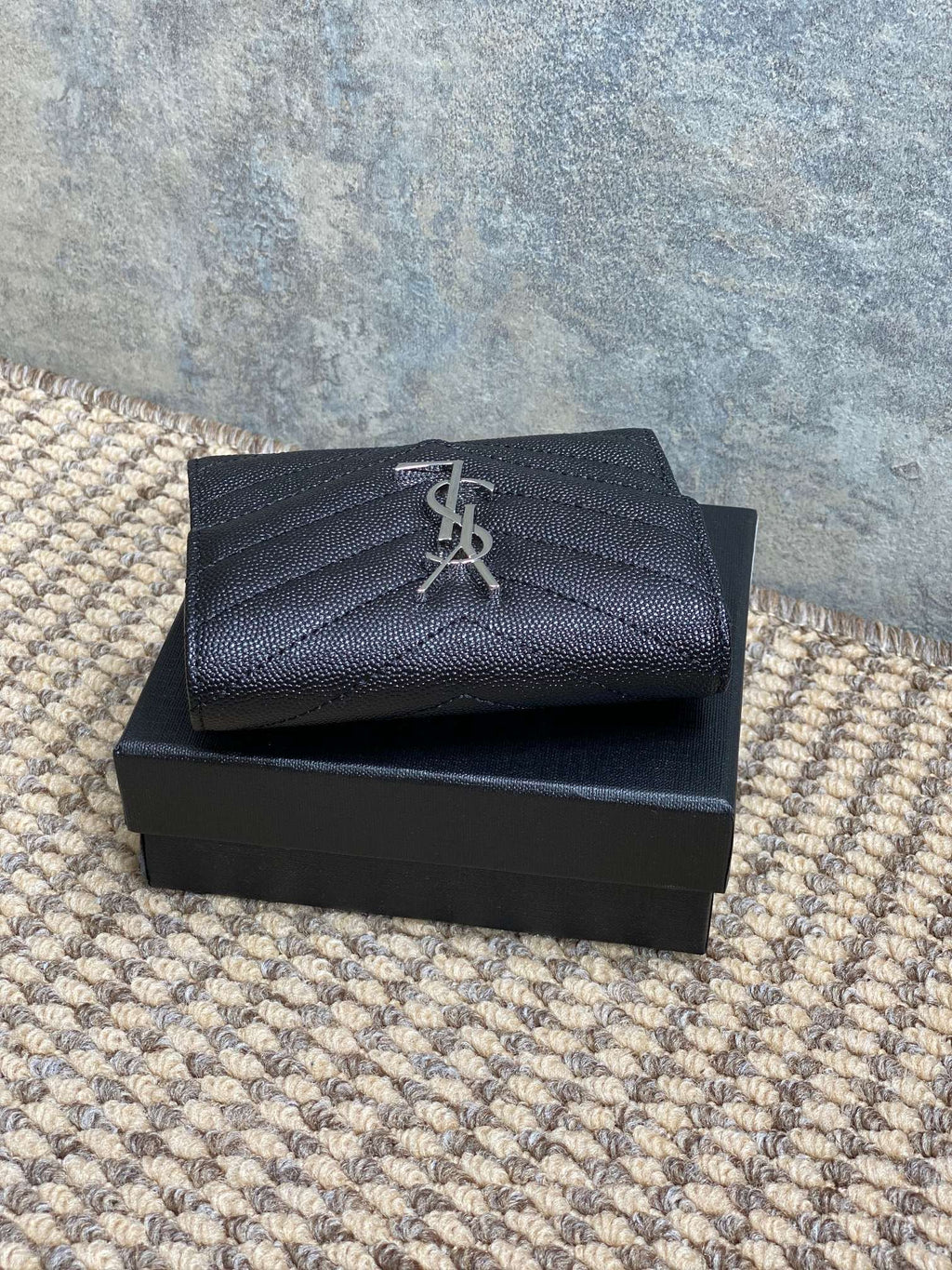 YSL Compact Flap Cassendre Wallet 10cm Black Leather Sliver HW