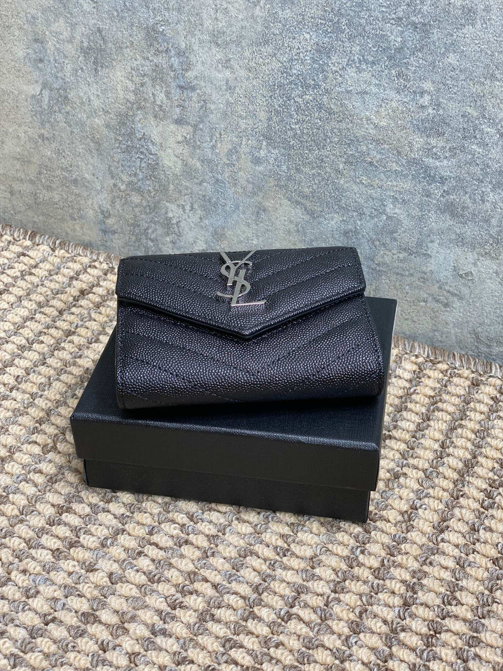 YSL Compact Flap Cassendre Wallet 10cm Black Leather Sliver HW