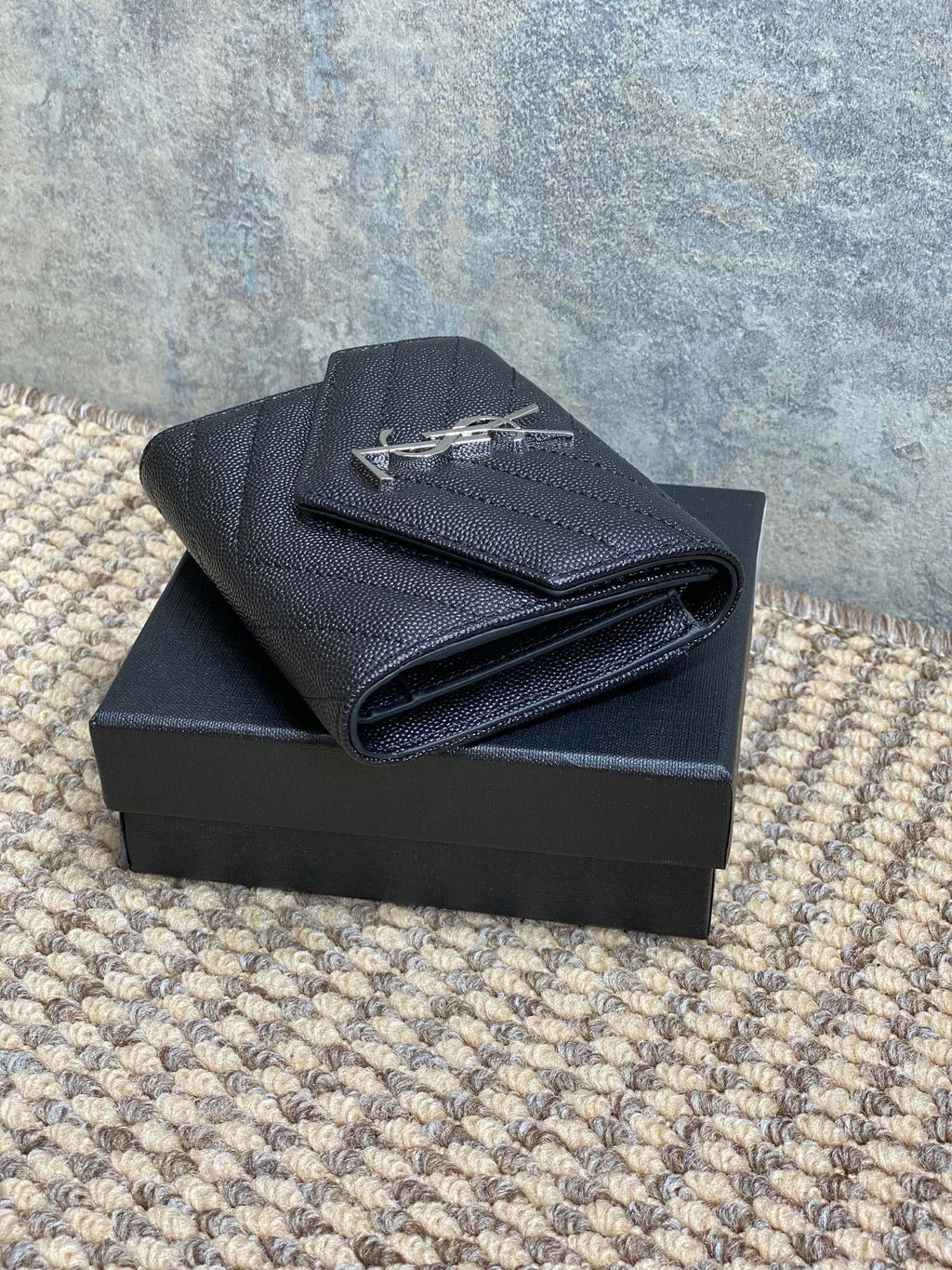 YSL Compact Flap Cassendre Wallet 10cm Black Leather Sliver HW