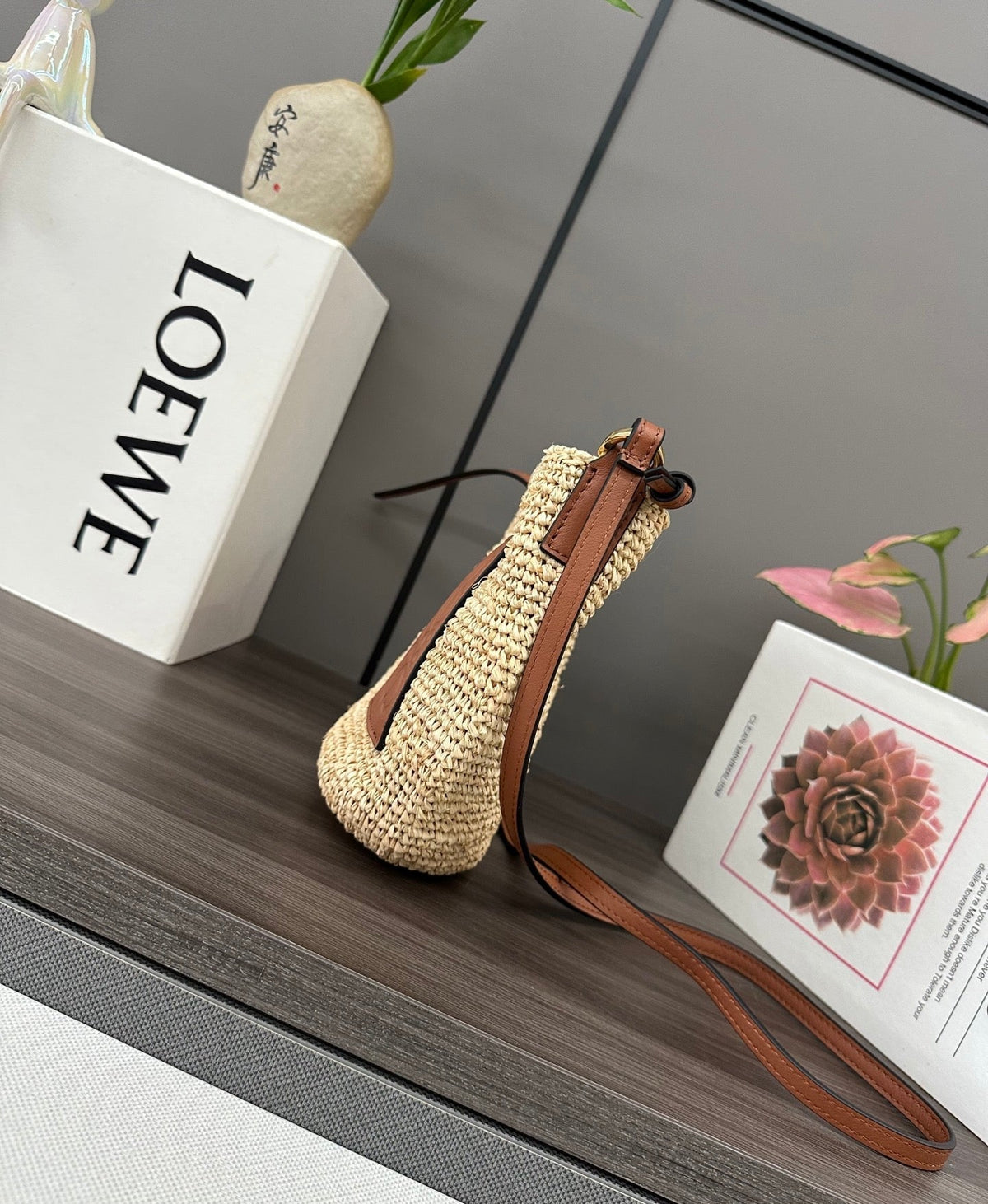 Loewe Slit Pochette Beige Raffia Brown Calfskin