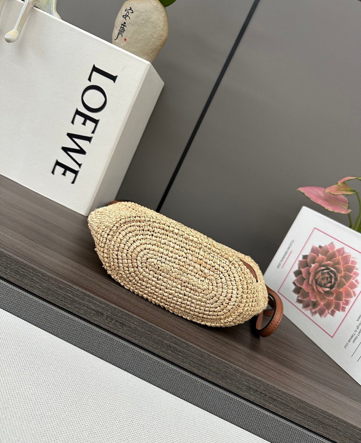Loewe Slit Pochette Beige Raffia Brown Calfskin