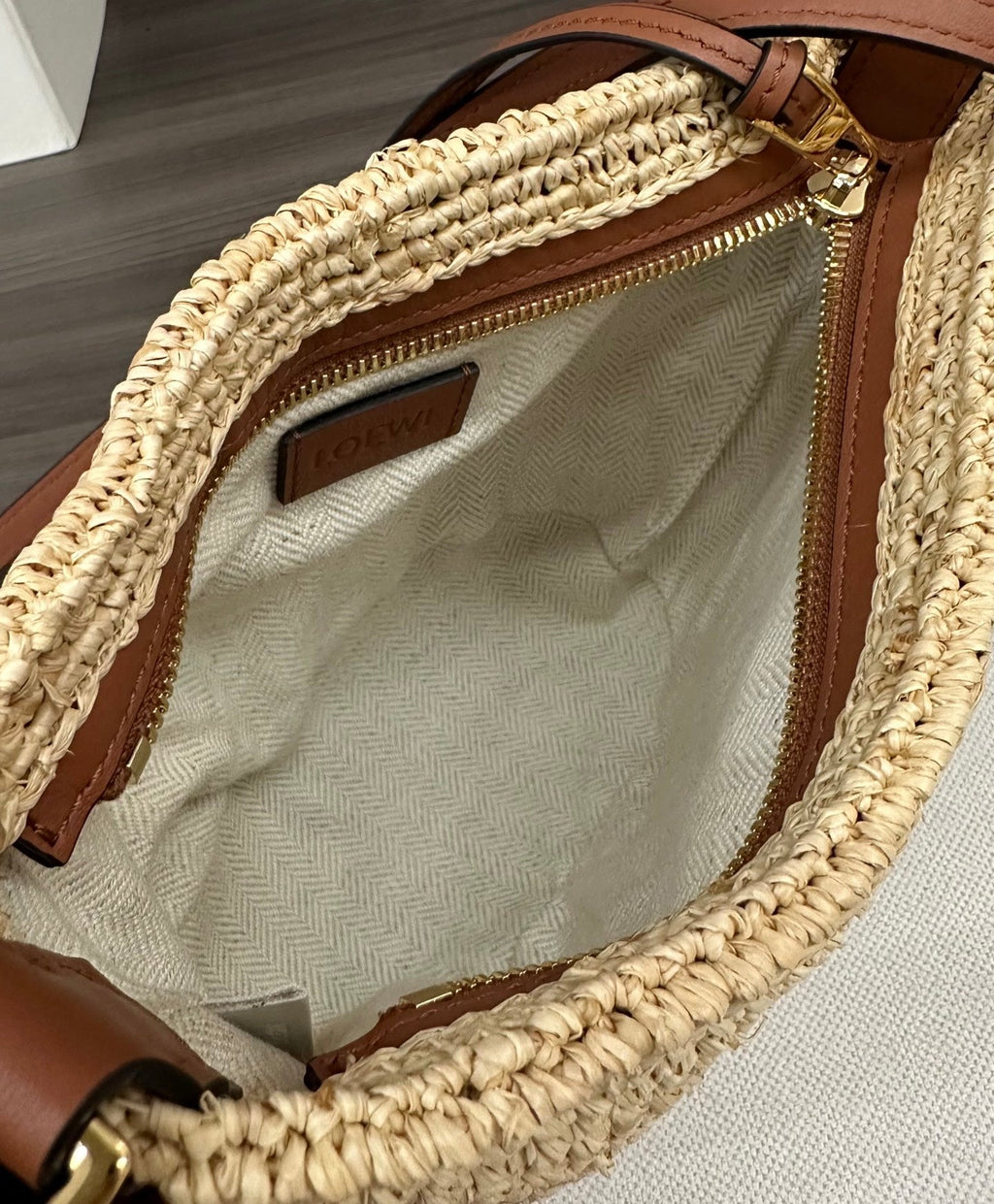 Loewe Slit Pochette Beige Raffia Brown Calfskin