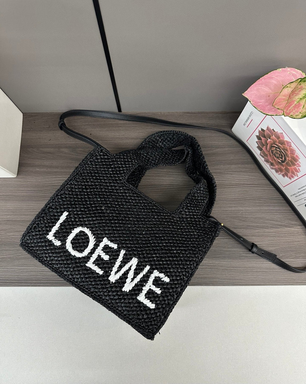 Loewe Small Font Tote Black Raffia