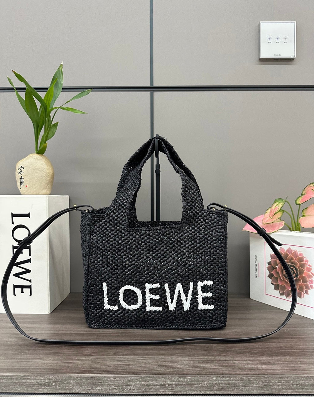 Loewe Small Font Tote Black Raffia