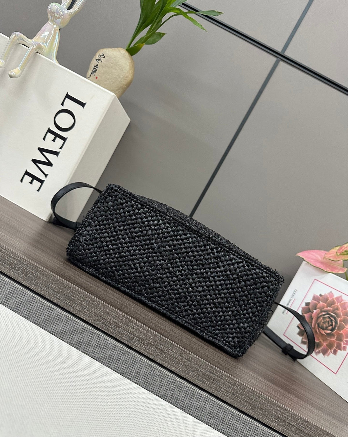 Loewe Small Font Tote Black Raffia