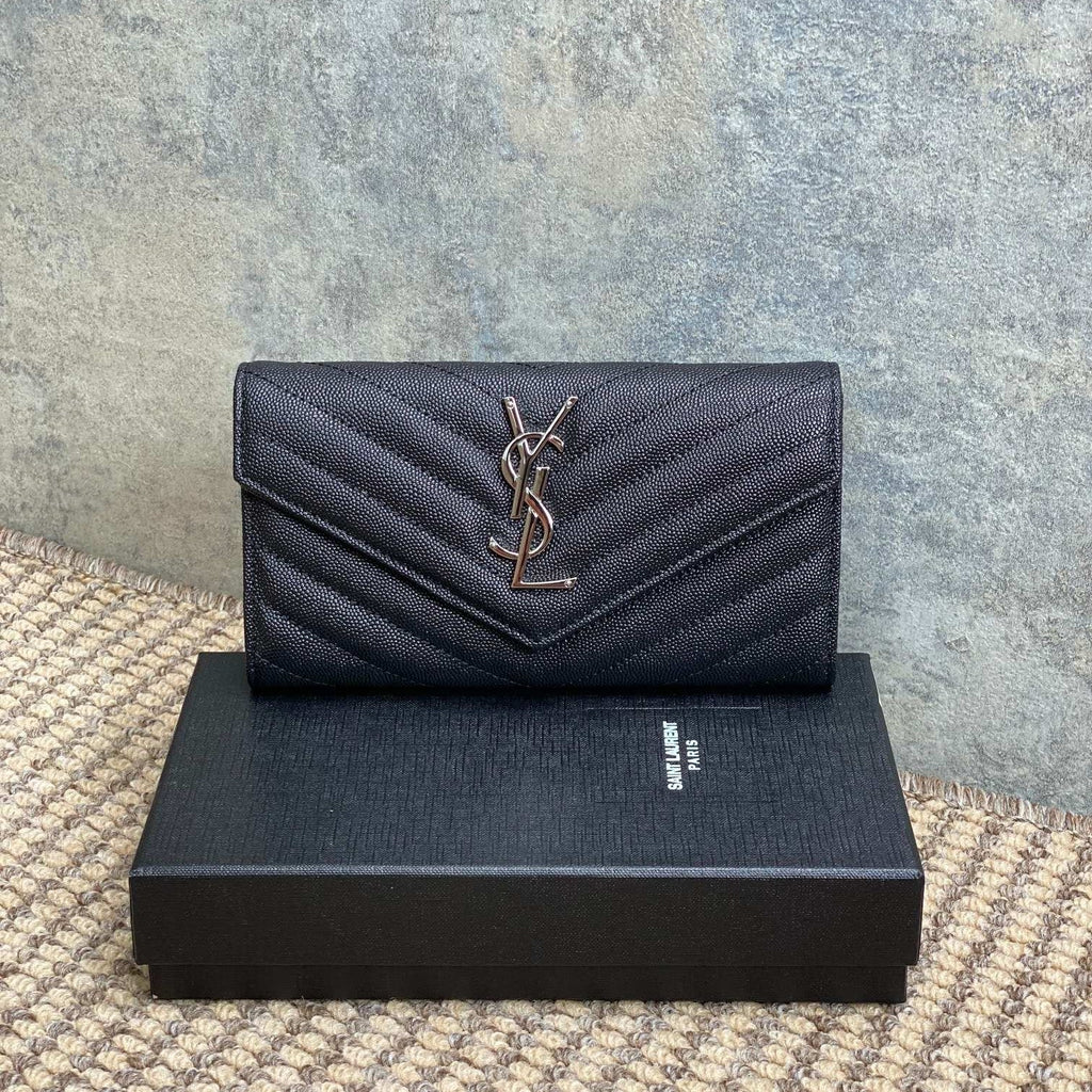 YSL Cassandre Envelope Flap Wallet Black Caviar Cowhide Sliver HW