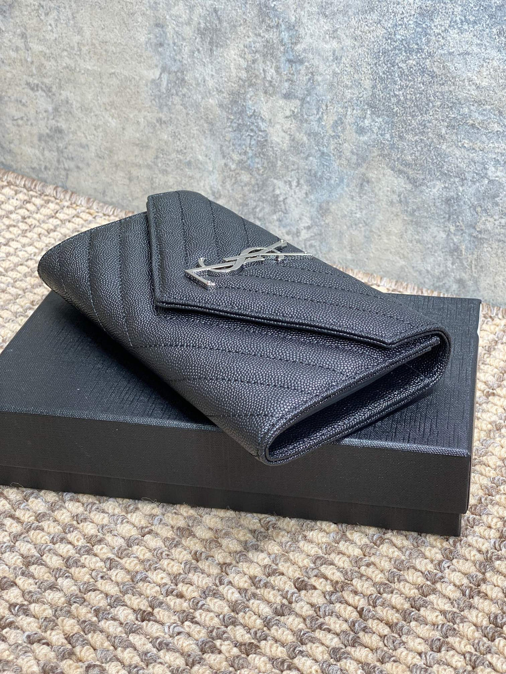 YSL Cassandre Envelope Flap Wallet Black Caviar Cowhide Sliver HW