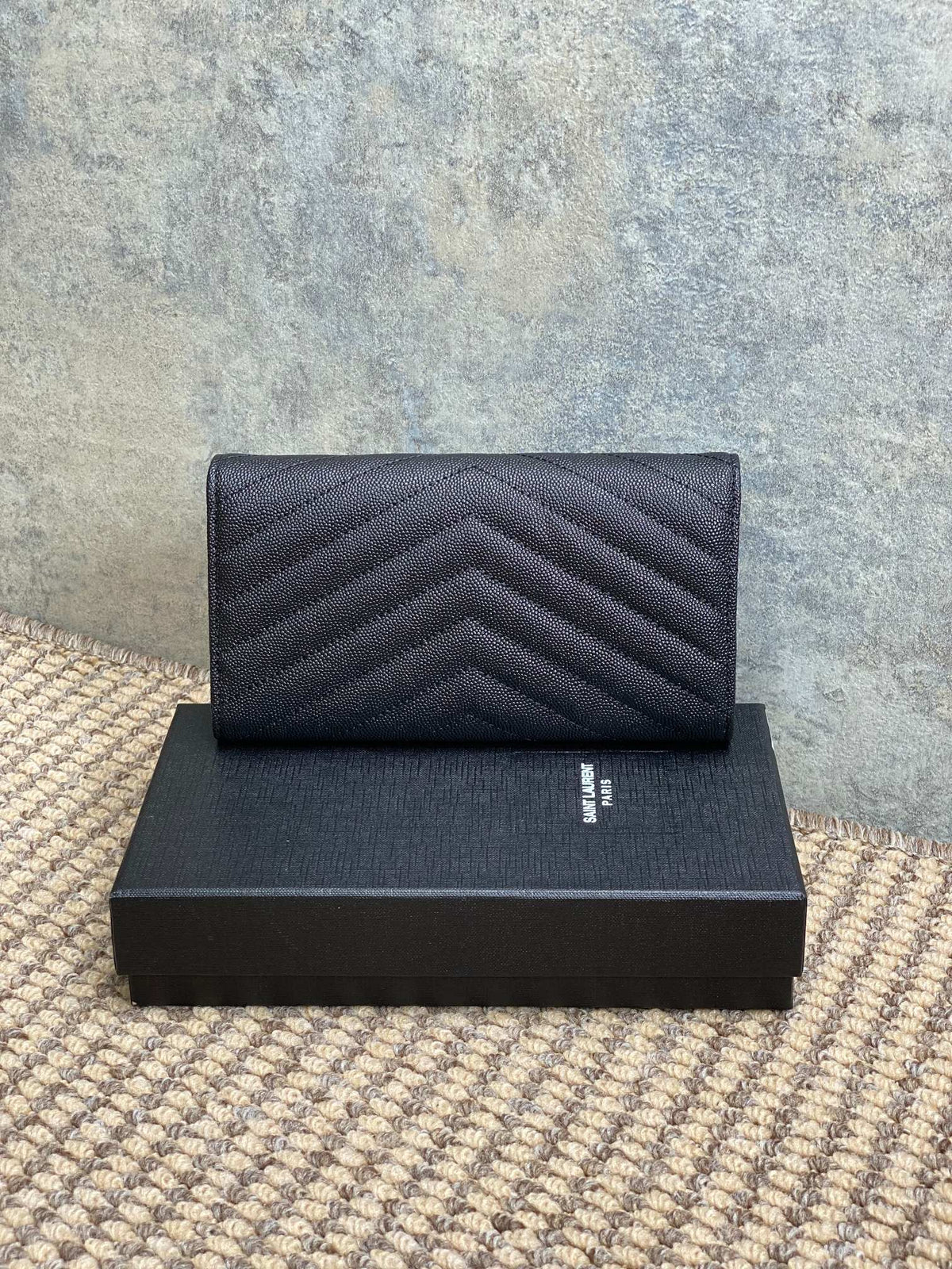 YSL Cassandre Envelope Flap Wallet Black Caviar Cowhide Sliver HW
