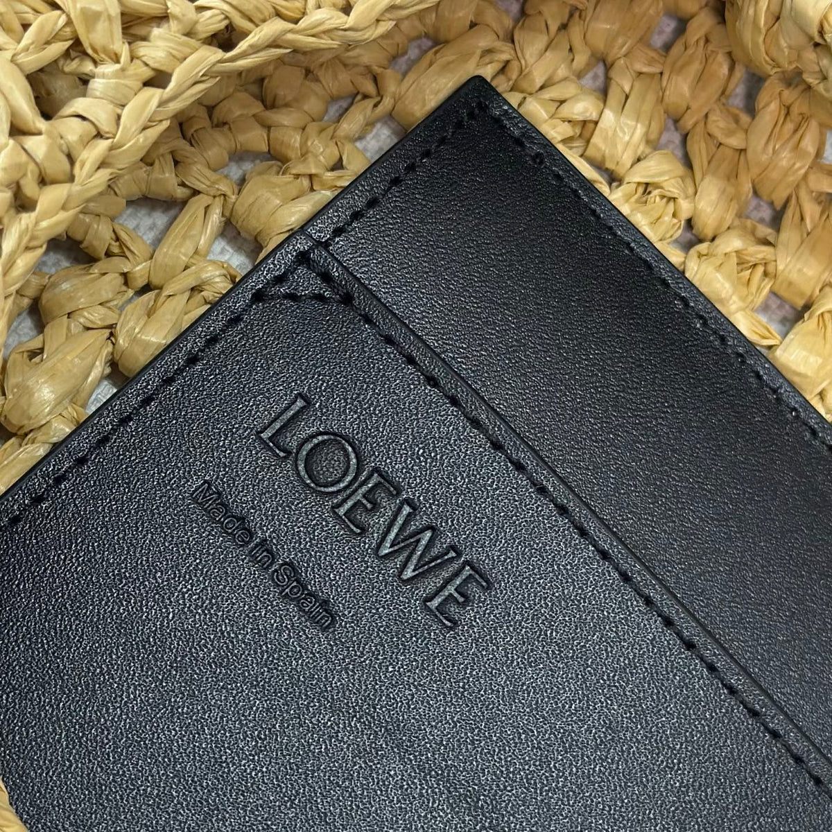 Loewe Punch Hole Hobo Straw Bag Black Calfskin Beige Raffia