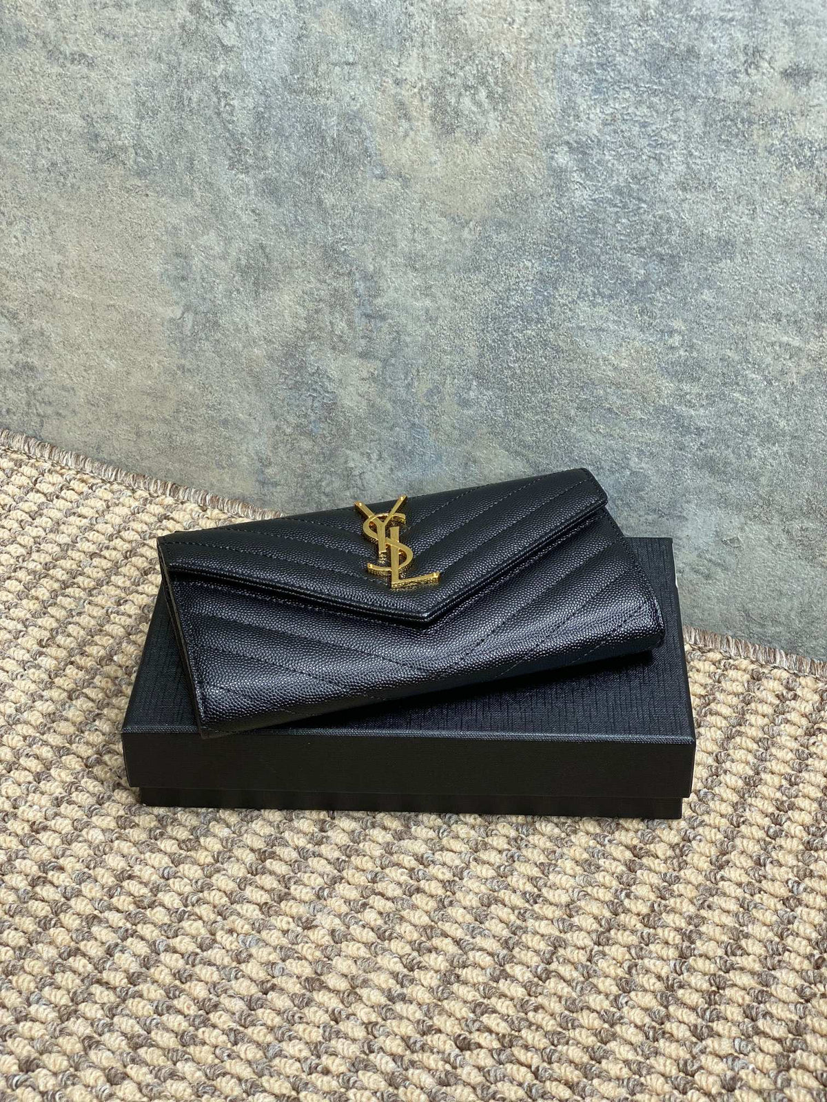 YSL Cassandre Envelope Flap Wallet Black Caviar Cowhide GHW