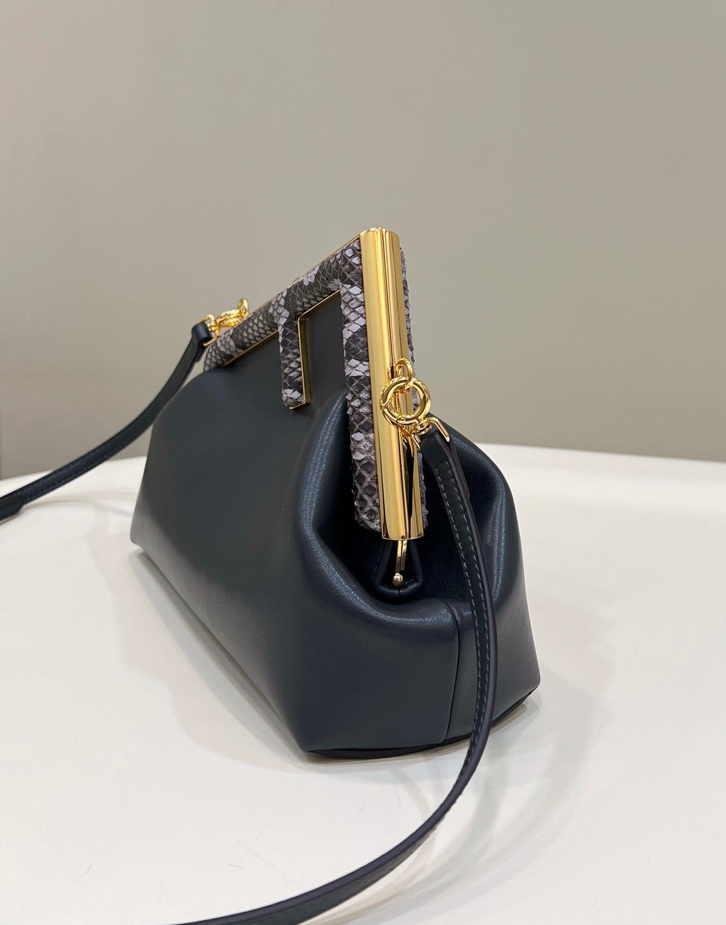 FENDI FIRST SMALL 26 BLACK LEATHER BAG WITH EXOTIC DETAILS