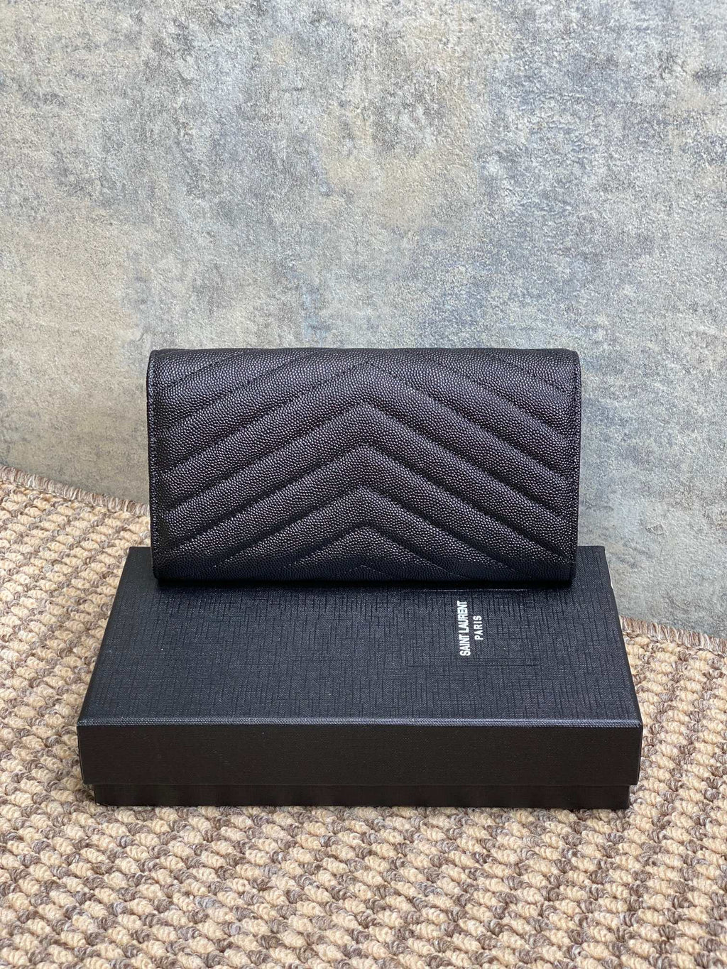 YSL Cassandre Envelope Flap Wallet Full Black Caviar Cowhide