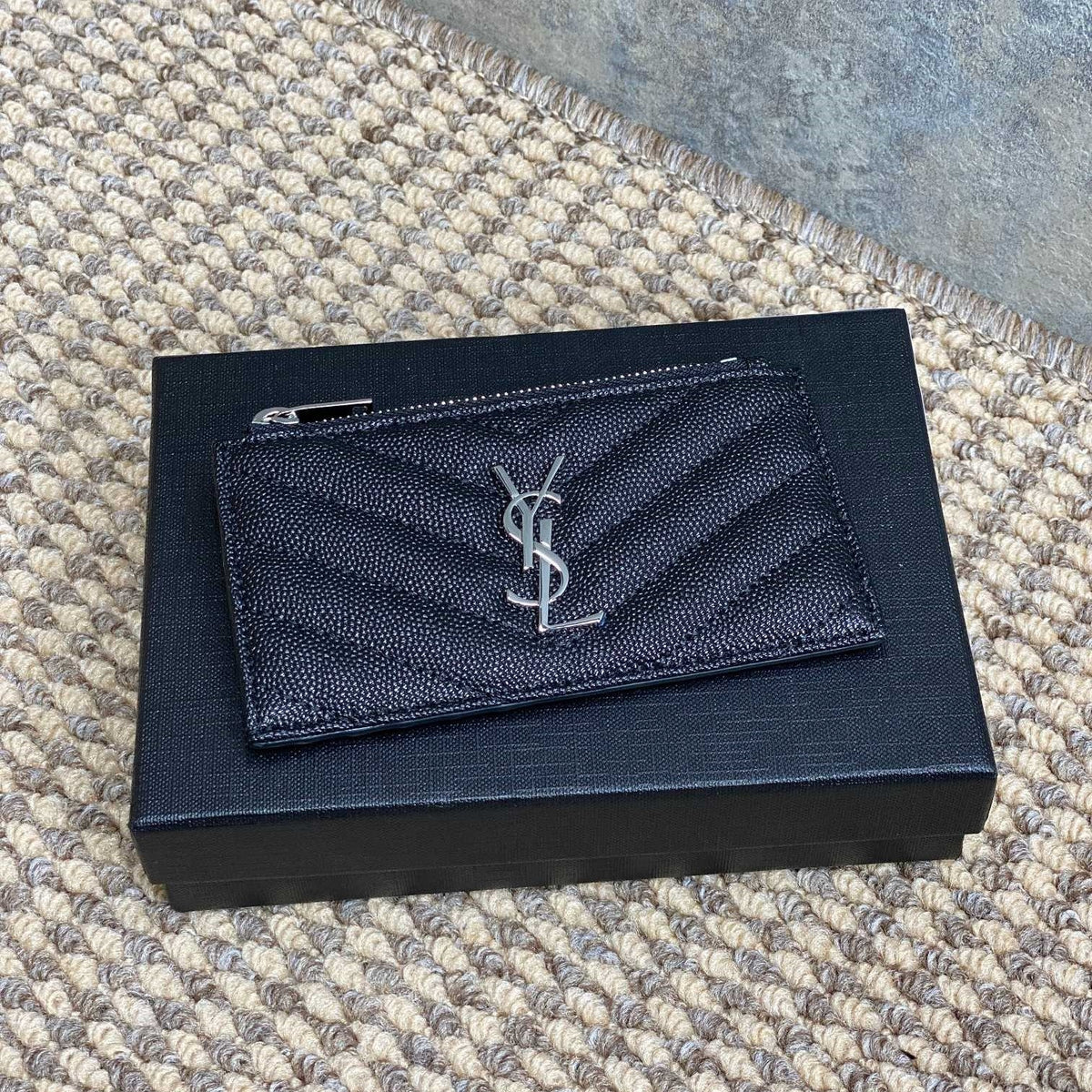 YSL Zip Coin Case With Card Black Caviar Cowhide Sliver HW