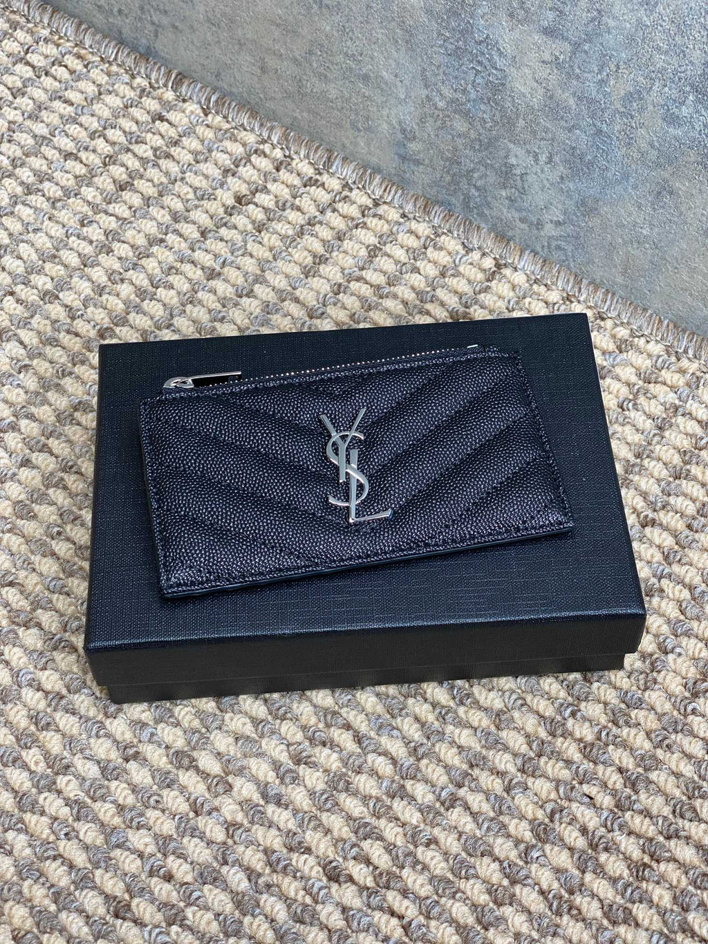 YSL Zip Coin Case With Card Black Caviar Cowhide Sliver HW