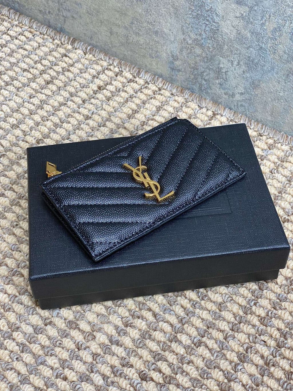 YSL Zip Coin Case With Card Black Caviar Cowhide GHW