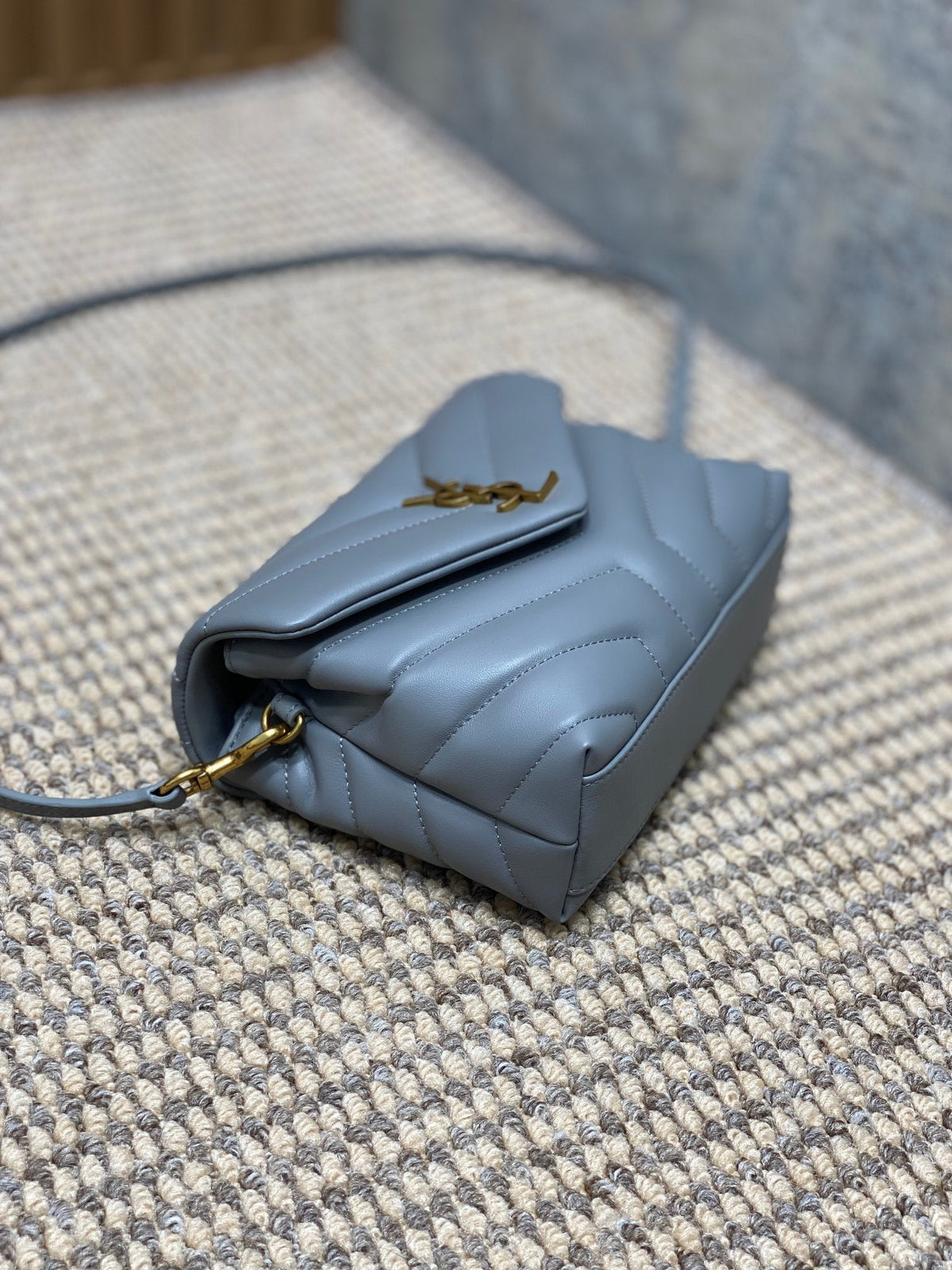 LOULOU MINI BAG 20 IN ASH BLUE QUILTED LAMBSKIN GOLD HARDWARE
