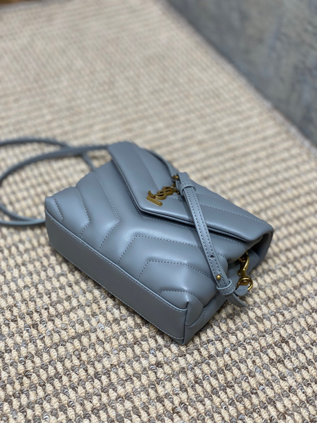 LOULOU MINI BAG 20 IN ASH BLUE QUILTED LAMBSKIN GOLD HARDWARE