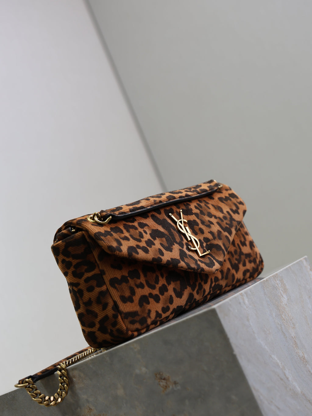 YSL 26cm Calypso Chain Bag Brown Leopard Printed Canvas