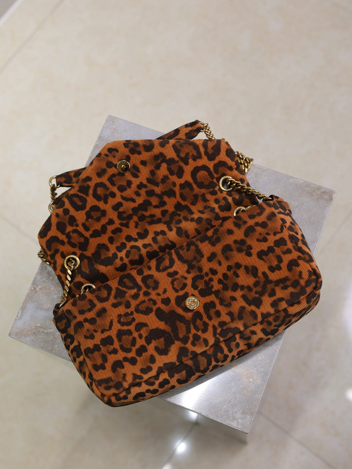 YSL 26cm Calypso Chain Bag Brown Leopard Printed Canvas