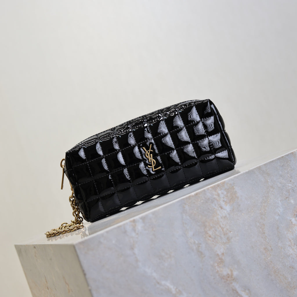 YSL Cassandre Matelassé Chain Clutch 18.5cm Black Patent Leather