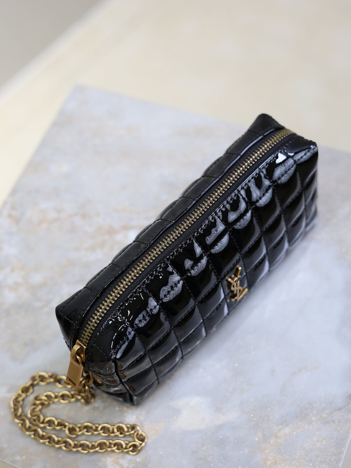 YSL Cassandre Matelassé Chain Clutch 18.5cm Black Patent Leather