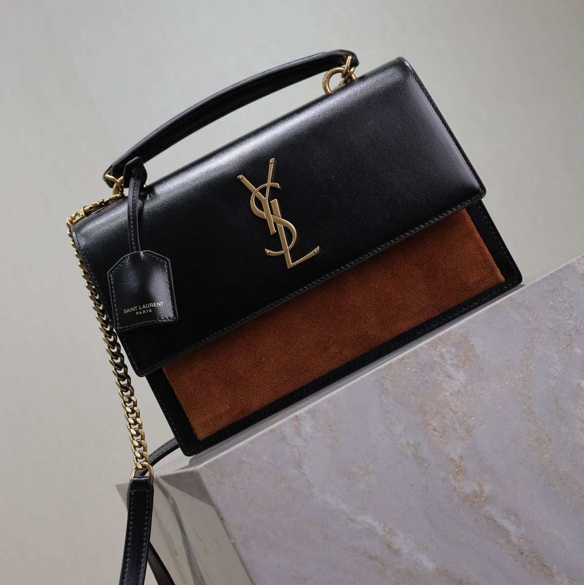 YSL Sunset Handbags 25cm Black Brown Cowhide Suede