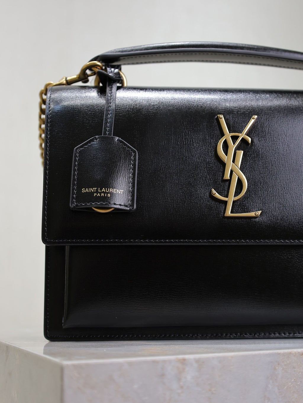 YSL Sunset Handbags 25cm Black Cowhide