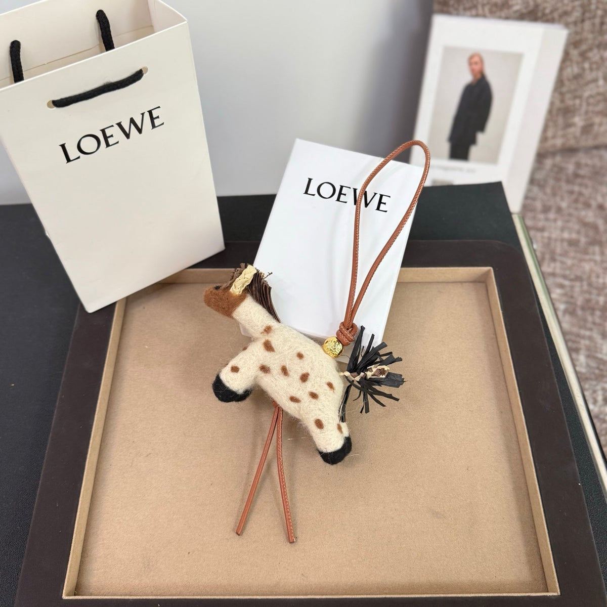 Loewe x Paula's Ibiza Giraffe Bag Charm Brown And Off-white Raffia Leather