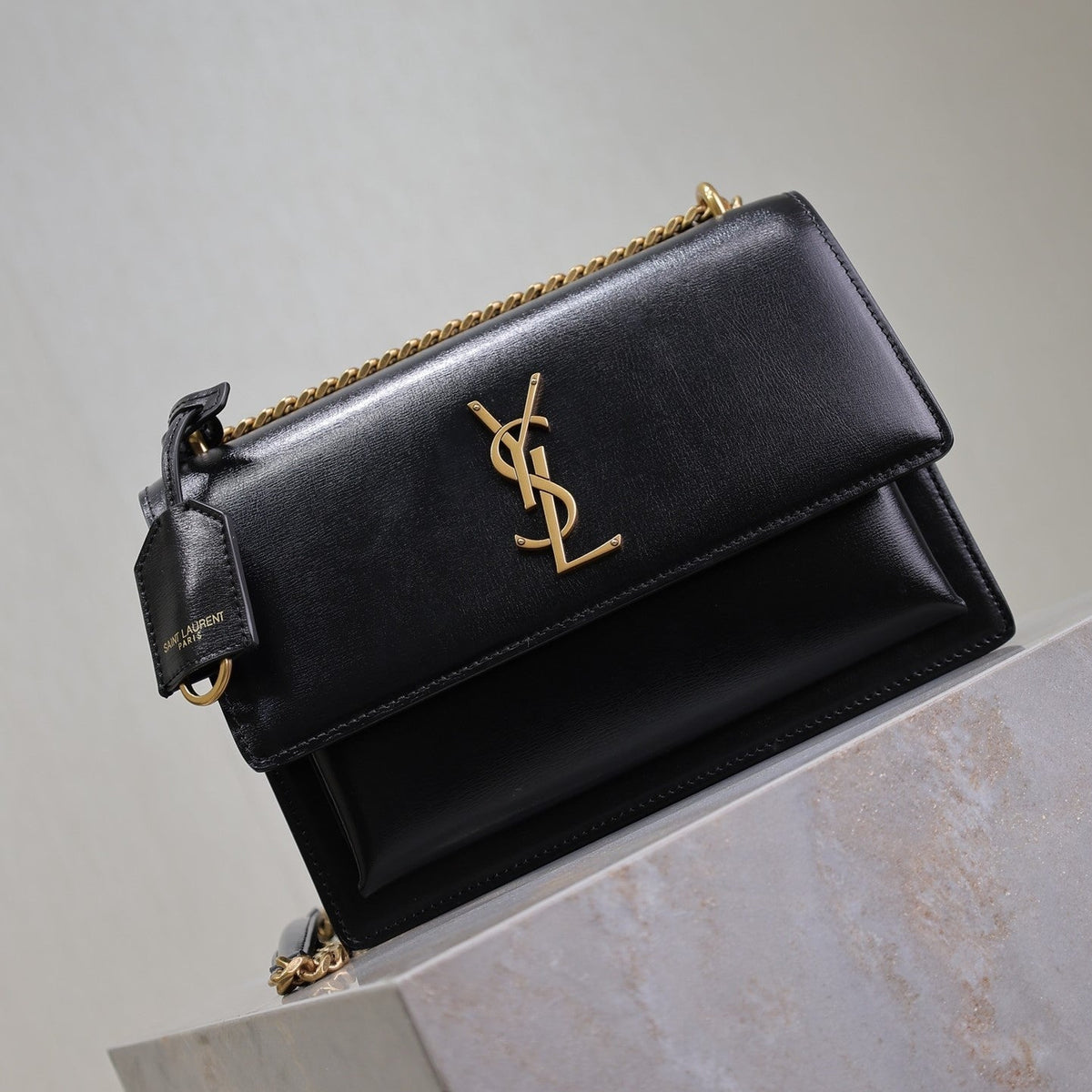 YSL Medium Sunset Shoulder Bag 22cm Black Cowhide GHW