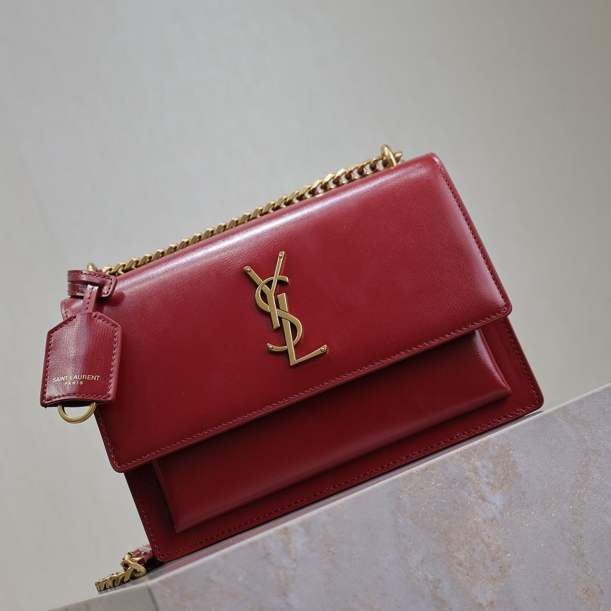 YSL Medium Sunset Shoulder Bag 22cm Burgundy Cowhide GHW