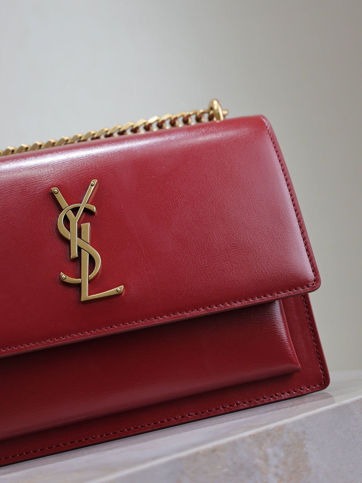 YSL Medium Sunset Shoulder Bag 22cm Burgundy Cowhide GHW