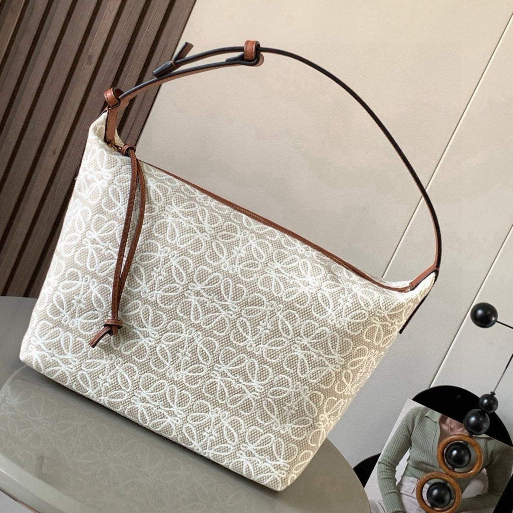 Loewe Cubi Anagram Bag 35cm Brown White Jacquard Cotton Calfskin