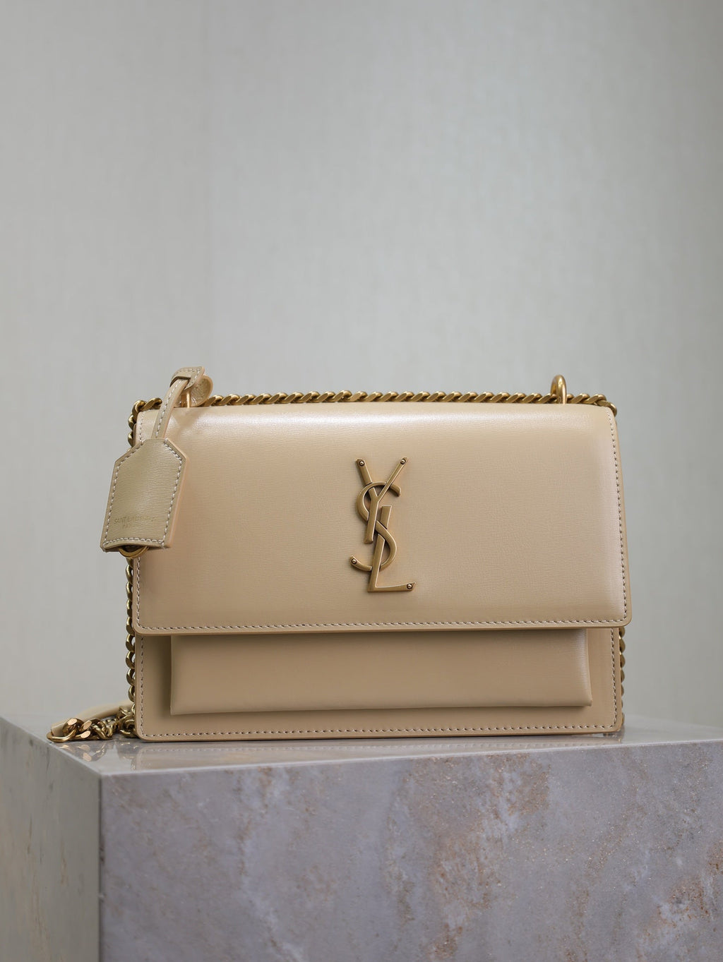 YSL Medium Sunset Shoulder Bag 22cm Beige Cowhide GHW